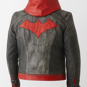 Red Hood Leather Jacket Arkham City Cosplay – Jason Todd Biker Hooded Jacket – Gaming Costume, Halloween Outfit, Gift for Gamers