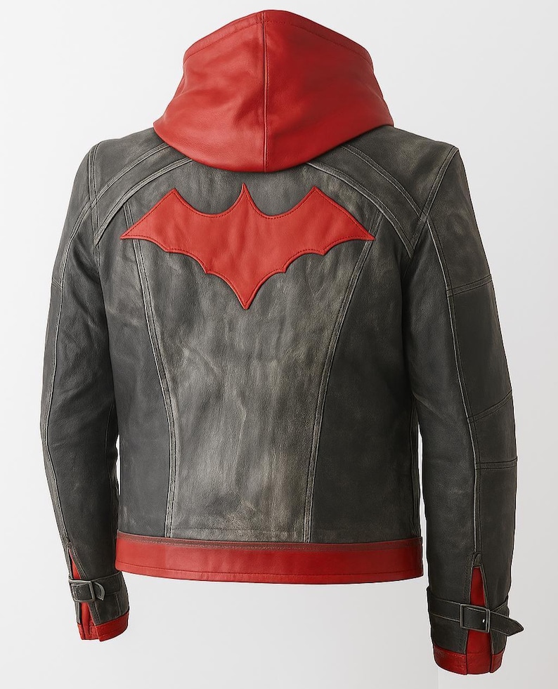 Red Hood Leather Jacket Arkham City Cosplay – Jason Todd Biker Hooded Jacket – Gaming Costume, Halloween Outfit, Gift for Gamers