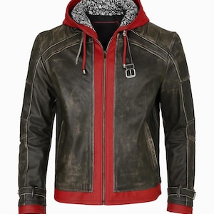 Red Hood Leather Jacket Arkham City Cosplay – Jason Todd Biker Hooded Jacket – Gaming Costume, Halloween Outfit, Gift for Gamers