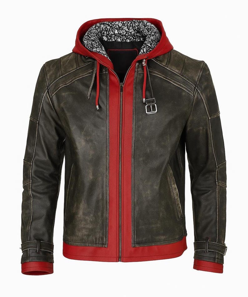 Red Hood Leather Jacket Arkham City Cosplay – Jason Todd Biker Hooded Jacket – Gaming Costume, Halloween Outfit, Gift for Gamers