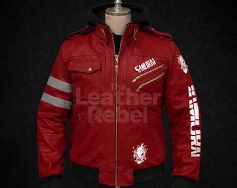 Chaqueta David de inspiración cyberpunk / Chaqueta de cuero punk con capucha a medida 2077 / Abrigo rojo de cosplay de Martinez Gaming