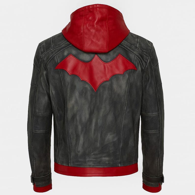 Red Hood Leather Jacket Arkham City Cosplay – Jason Todd Biker Hooded Jacket – Gaming Costume, Halloween Outfit, Gift for Gamers
