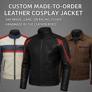 Pode incluir: Três jaquetas de couro em diferentes cores. As jaquetas são pretas, marrons e brancas com detalhes em vermelho e azul. O texto diz "CUSTOM MADE-TO-ORDER LEATHER COSPLAY JACKET" e "HANDMADE BY THE LEATHER REBEL".