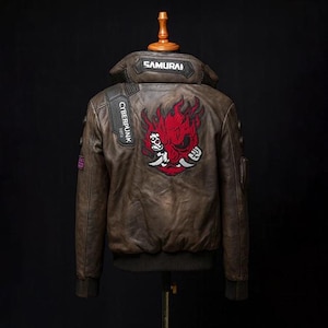 Chaqueta bomber cyberpunk hecha a mano inspirada en samuráis / Disfraz marrón futurista para videojuegos con cuello LED / Atuendo vintage de motociclista