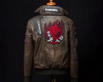 Handmade Samurai Inspired Cyberpunk Bomber Jacket | Futuristic LED Collar Gaming Brown Costume, Vintage Biker Outfit