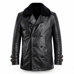 May include: A black leather double-breasted coat featuring a textured finish, a wide black faux-fur collar, and six front buttons. The sleeves are detailed with two adjustable buckled straps at each cuff, and the coat includes two side pockets.