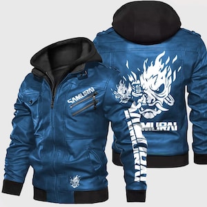 Cyber punk 2077 Blue Samurai Leather Biker Jacket: Gaming Cosplay Coat