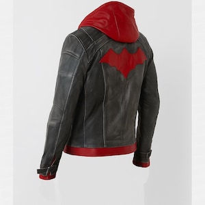 Red Hood Leather Jacket Arkham City Cosplay – Jason Todd Biker Hooded Jacket – Gaming Costume, Halloween Outfit, Gift for Gamers