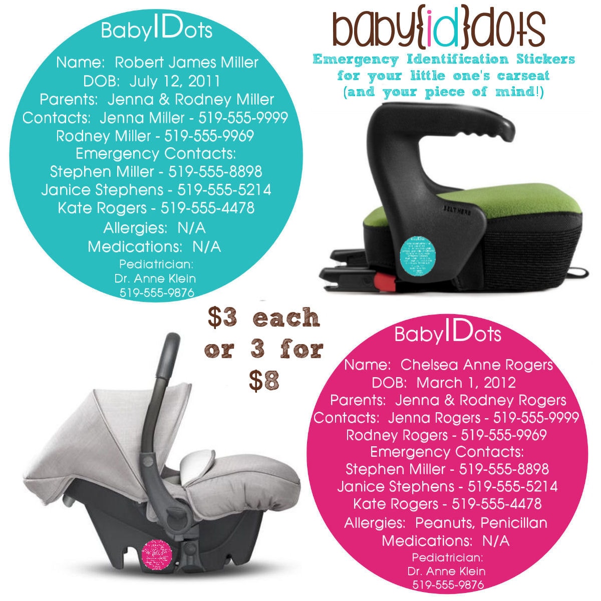 Car seat ID stickers Emergency Car seat Stickers ID dots Baby Etsy