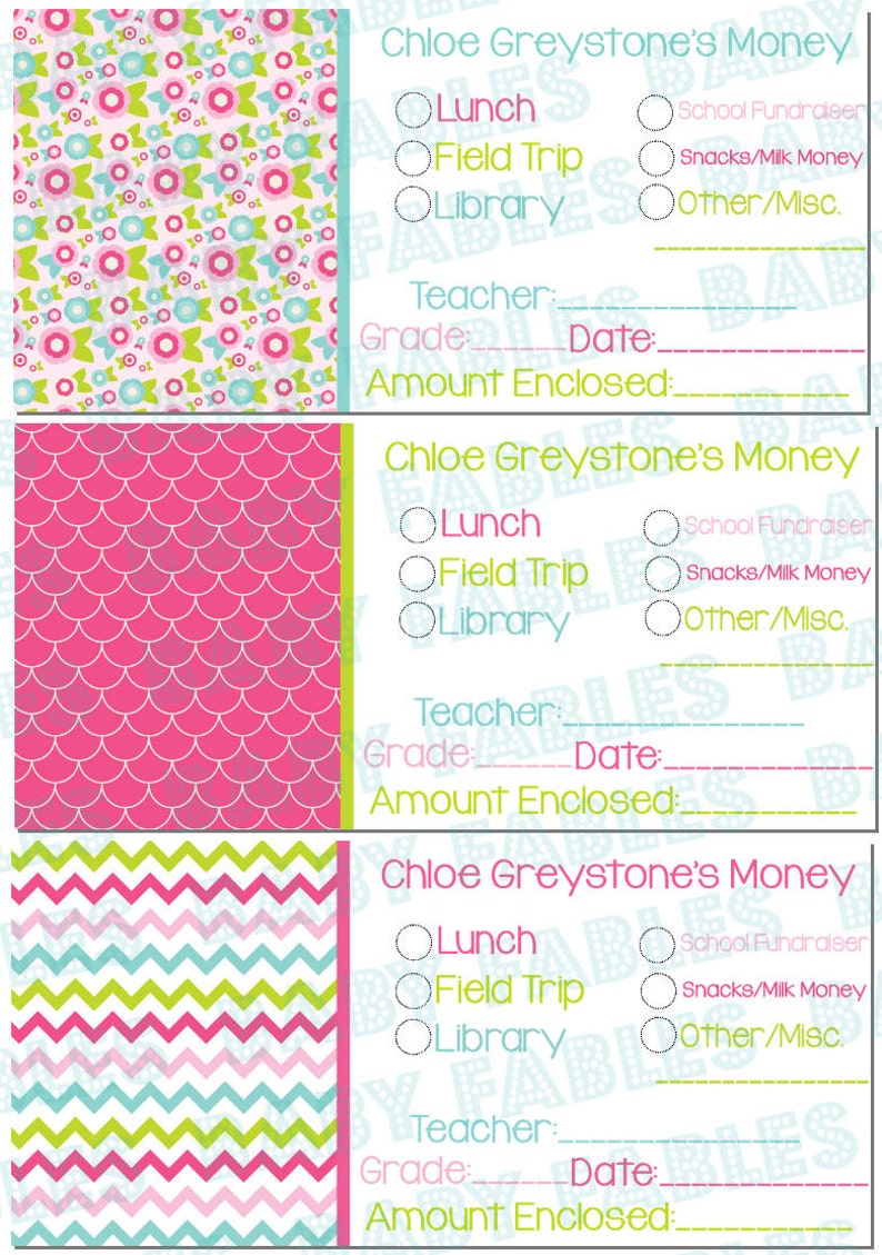 Personalized School Money Stickers Lunch Money Kindergarten Teacher Note Field Trip Money Library Money Set of 20 Teacher Notes