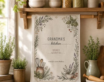 Paño de cocina de microfibra "La cocina de la abuela", con decoración floral y de hierbas.