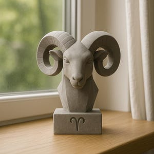 Może przedstawiać: Szara rzeźba barana z dużymi zakrzywionymi rogami, osadzona na prostokątnej podstawie ze znakiem Barana. Rzeźba jest wystawiona na drewnianym parapecie, z oknem i zasłoną w tle.