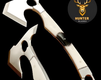 Hacha Tomahawk de acero D2 hecha a mano, de espiga completa, para exteriores, supervivencia y acampada, con mango de hueso, para amantes de la naturaleza, con funda de cuero.