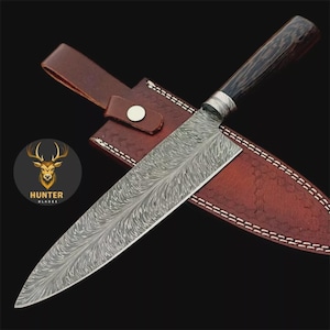 Custom Handmade Damascus Chef Knife with Leather Sheath | Custom Kitchen Knife with Wood Handle | Unique Gift for Cooking | Gift for Chef