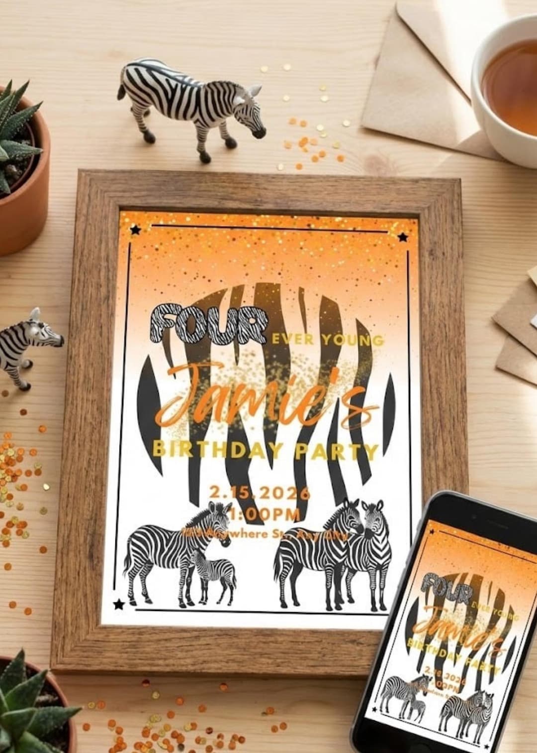 Editable Four Ever Young Birthday Invitation, Zebra 4th Birthday Invite ...