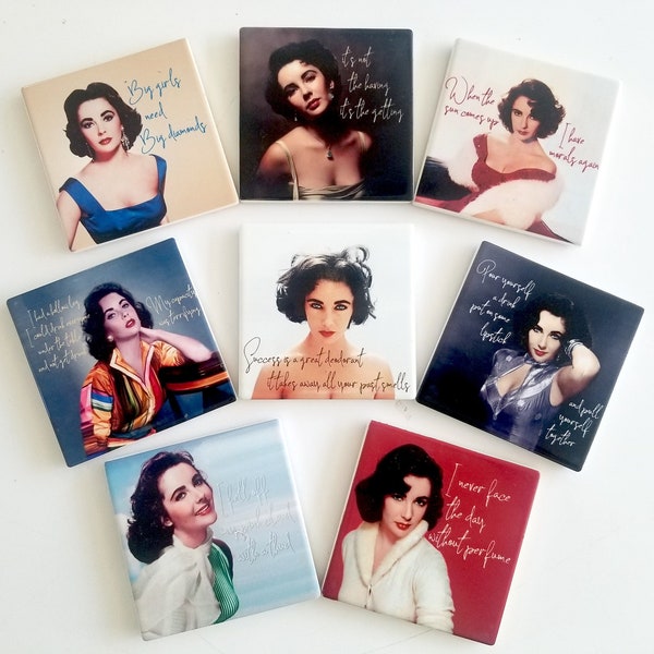 Elizabeth Taylor, Liz Taylor Coasters, Celebrity Coasters, Movie Star Coasters, Famous Quotes Cocktail Bar, set of 8 TILE with cork backs