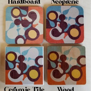 May include: Four coasters with a colorful abstract design. The coasters are made of different materials: hardboard, neoprene, ceramic tile, and wood. Each coaster has a different color scheme and texture.