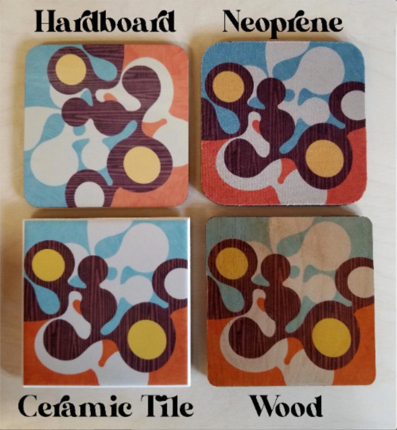 May include: Four coasters with a colorful abstract design. The coasters are made of different materials: hardboard, neoprene, ceramic tile, and wood. Each coaster has a different color scheme and texture.
