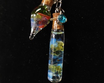 Double Fairy Cork Jar Necklace with jewel stone accent, drifting bottles - Real Moss, Dried Flowers, Herbs, Crystals, Semi-Precious Stones