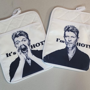 Pair of 2 Kitchen Hot Pads - DAVID BOWIE "I'm Hot" and "It's Hot" - original design, Hand Made, kitchen hot mitt, David Bowie gift, hot pad