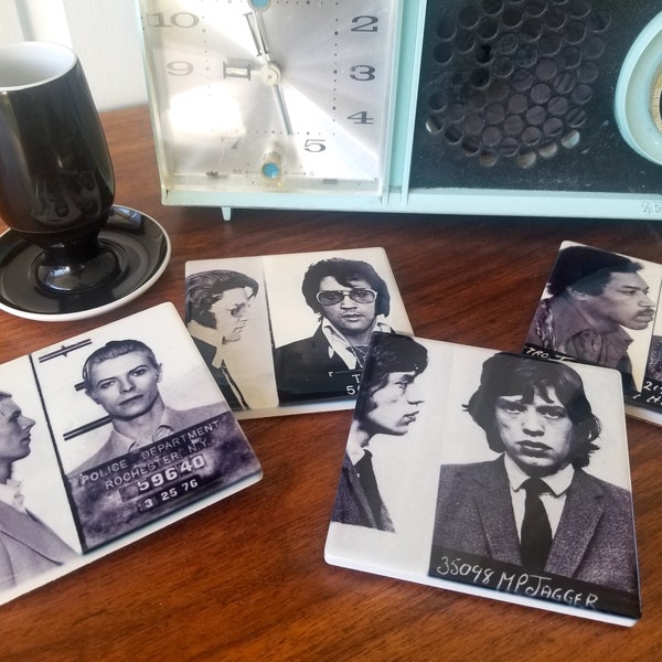 Celebrity Mug Shot Coaster, Celebrity Mugshot - Elvis, Betty White, Sinatra, Monroe, Fonda, Cash, Bowie, Hendrix, McQueen, Brown, Jagger