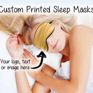 May include: A person sleeping with a gold sleep mask over their eyes. The mask has a black elastic band. The text "Your logo, text or image here" is written on the image.