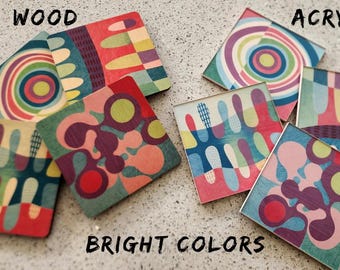 Retro Mid-Century Modern Boho Cocktail Bar Coaster Set, organic fall, natural. earth tone colors, set of 6 TILE with cork backs