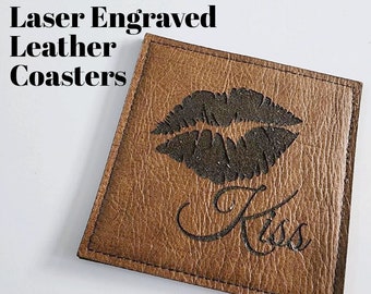 Custom Laser Engraved Leather Coasters, Personalized Coaster, Custom Coaster, Coaster Gift, Engraved Coaster, Coaster Set, Housewarming Gift
