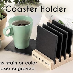 Custom Laser Engraved Coaster Holder, Coaster Stand, Coaster Rack, Coaster Display, 4 Slots, Any Color, Any Stain, Custom Engraved