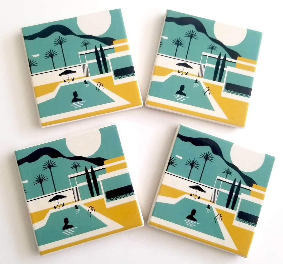 Mid Century Tile Coaster Set, Fun Retro Coaster, Pool Cocktail Bar ...