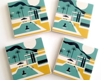 Mid Century Fliesen Untersetzer Set, Retro Untersetzer, Pool Cocktail Bar Untersetzer, Boho Untersetzer, Keramik Untersetzer Set, FliesenUntersetzer Set, 4er Set