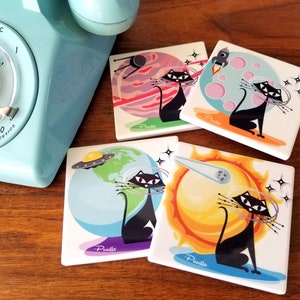 Atomic Space Cat, Mid Century Tile, Ceramic coaster set, Tile Coaster Set, backsplash tile, ceramic tile trivet, retro coaster, boho coaster