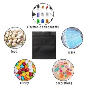 May include: A black matte resealable pouch centered among five circular insets showing various contents: electronic components, pistachios labeled food, blue face masks labeled mask, colorful candies labeled candy, and floral decorations.