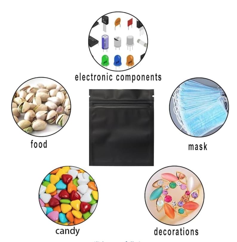 May include: A black matte resealable pouch centered among five circular insets showing various contents: electronic components, pistachios labeled food, blue face masks labeled mask, colorful candies labeled candy, and floral decorations.