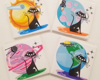 Set of 4 Square WALL TILE Cute Fun Atomic Space Cats Mid-Century Modern Mod  - made to order 6" square, original artwork