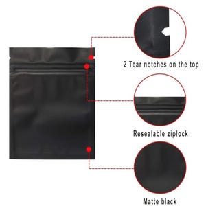 May include: A matte black pouch featuring a resealable ziplock closure and two tear notches on the top. The image includes callout circles highlighting the matte black finish, the resealable ziplock mechanism, and the two tear notches on the top.
