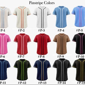 May include: A collection of fifteen short-sleeved button-down baseball jerseys arranged in three rows. Each jersey features a distinct pinstripe color combination, labeled from #P-1 to #P-15, showcasing various base colors like white, blue, pink, red, brown, and black.
