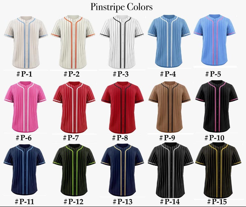 May include: A collection of fifteen short-sleeved button-down baseball jerseys arranged in three rows. Each jersey features a distinct pinstripe color combination, labeled from #P-1 to #P-15, showcasing various base colors like white, blue, pink, red, brown, and black.