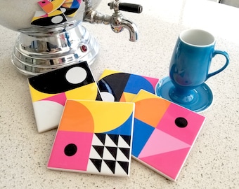 Retro Coaster, Mid Century Tile, Ceramic coaster set, Tile Coaster Set, backsplash tile, ceramic tile trivet, boho design, Geometric Coaster
