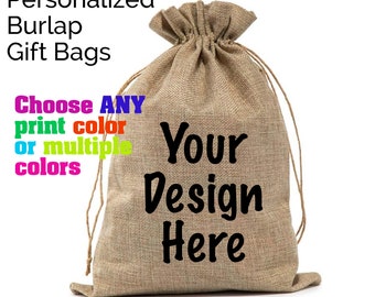 Lot of 5 Personalized Burlap Gift Bags, Burlap Drawstring Bags, Jute Gift Bags, Cusom Bags