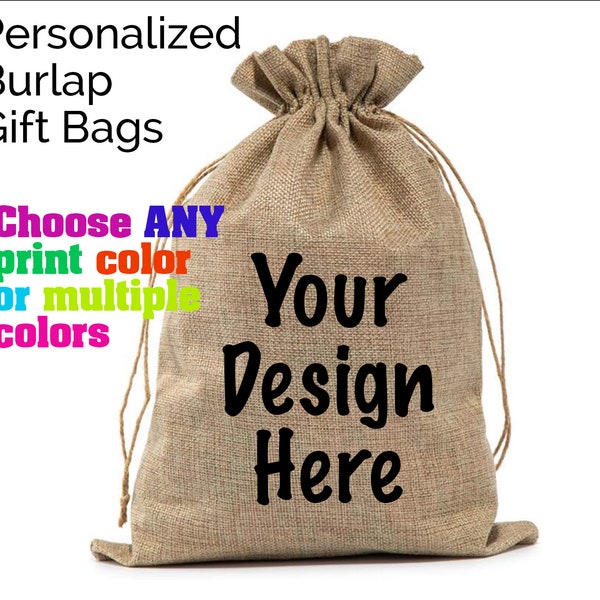 Lot of 5 Personalized Burlap Gift Bags, Burlap Drawstring Bags, Jute Gift Bags, Cusom Bags