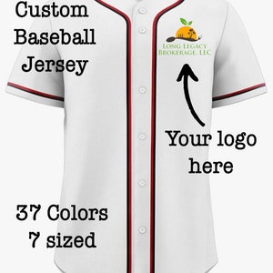 May include: A white baseball jersey with short sleeves, a button-down front, and red and black trim along the collar and placket. The text reads Custom Baseball Jersey, 37 Colors, 7 sized, and Your logo here with an arrow pointing to a logo.