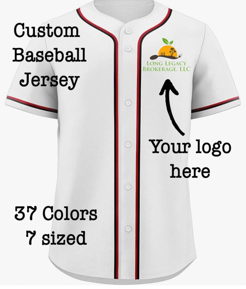 May include: A white baseball jersey with short sleeves, a button-down front, and red and black trim along the collar and placket. The text reads Custom Baseball Jersey, 37 Colors, 7 sized, and Your logo here with an arrow pointing to a logo.