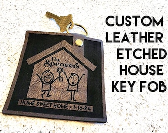 Custom Laser Engraved Leather Key Fob, Personalized Key Fob, House Key Fob, New House Gift, Housewarming Gift, Real Estate Agent Gift