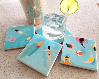 Mid Century Tile Coaster Set, Fun Retro Coaster, Pool Cocktail Bar Coasters, Boho Coaster, Ceramic Coaster Set, Tile Coaster Set, Set of 4