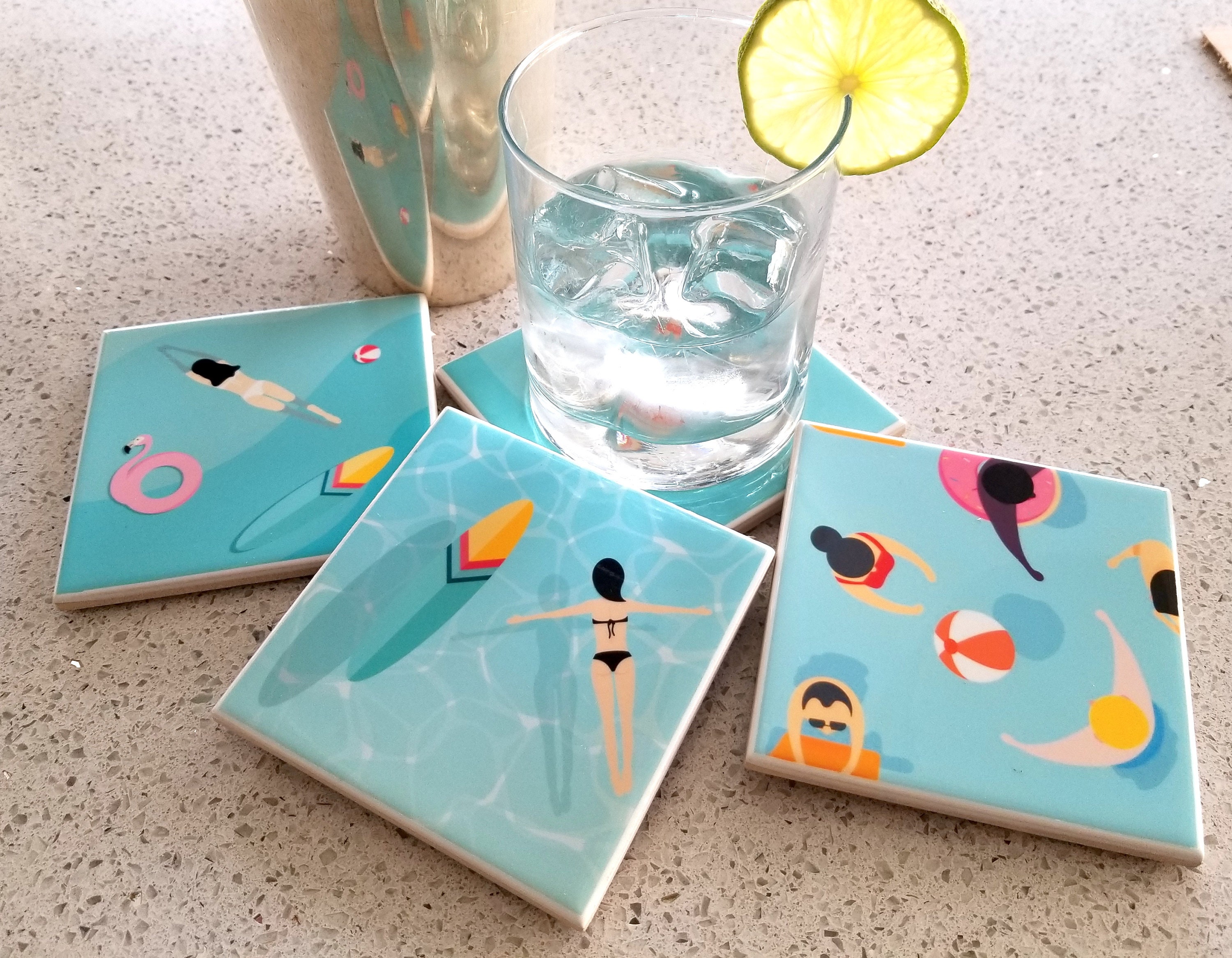 Pool Coasters Mid Century Tile Coaster Set, Fun Retro Coaster, Pool Cocktail Bar ...