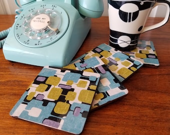 Mid Century Modern Coaster, Cocktail Coaster, Drink Bar Coasters, Retro Coasters, Boho Coasters, set of 4 square wood with cork backs