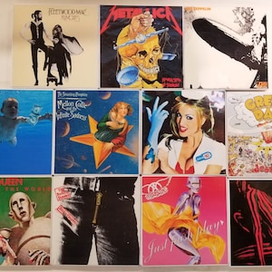 May include: A collage of 10 different album covers featuring various rock and pop music artists. The covers include Nirvana, Green Day, Queen, Fleetwood Mac, Metallica, and more.