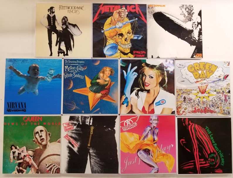 May include: A collage of 10 different album covers featuring various rock and pop music artists. The covers include Nirvana, Green Day, Queen, Fleetwood Mac, Metallica, and more.