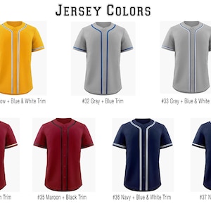 May include: A collection of seven short-sleeved button-down baseball jerseys in various colors including yellow, gray, maroon, and navy. Each jersey features contrasting trim on the collar, placket, and sleeves, labeled with numbers 31 through 37.